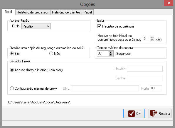 Opçoes do sistema do DataVenia